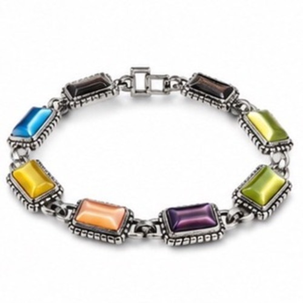 Premier Rainbow Cats Eye Rectangle Link Bracelet Silver Tone Multi Color 7"